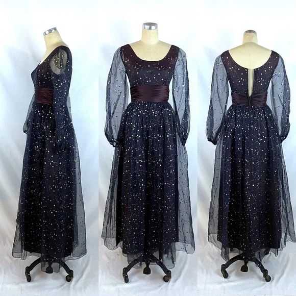 Vintage 50s Maxi Dress Navy & Gold Polka Dot Formal Gown XS/S - Picture 1 of 13